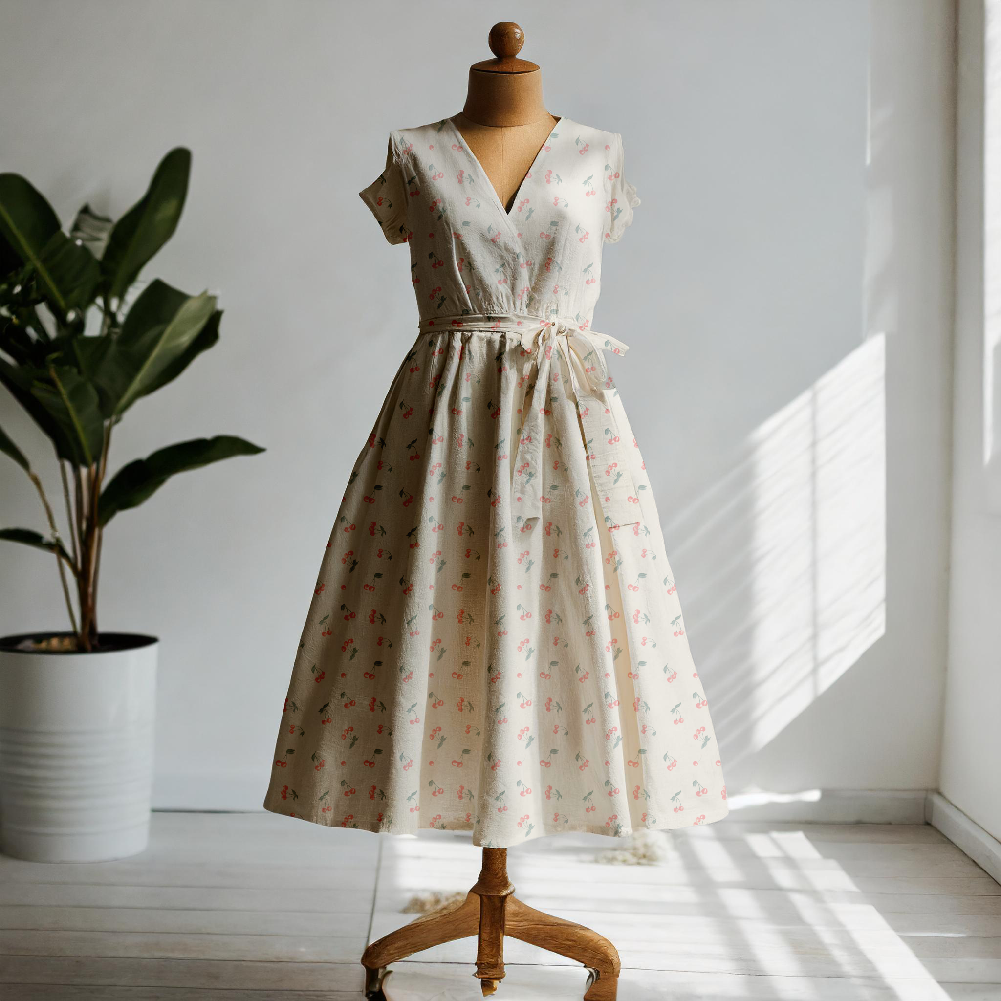 A mannequin dressed in a vintage-style cream-colored dress with a cherry print, short flutter sleeves, a V-neck, a waist tie, and a full-length skirt. There is a potted plant to the left, and sunlight streams through a nearby window, casting shadows on the wall.