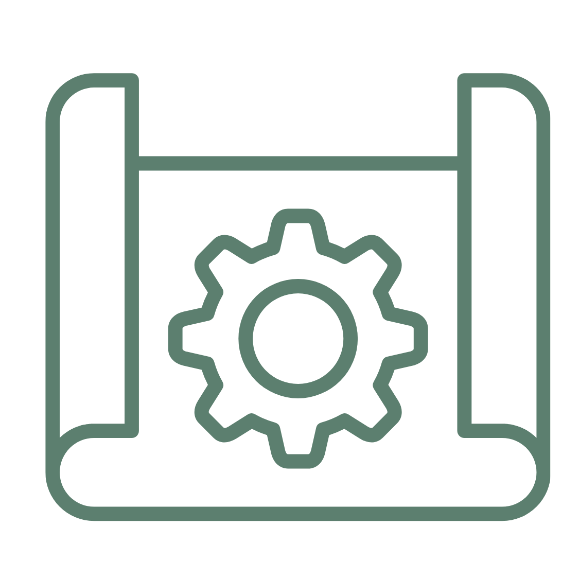 Icon of a rolled-up blueprint with a gear in the center, representing settings or configuration.