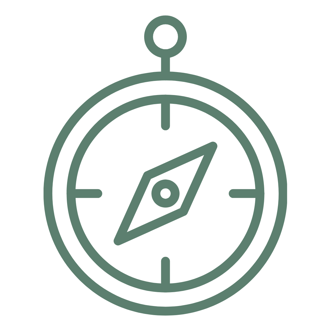 A simple line drawing of a stopwatch with a pendulum on top and a directional compass inside, indicating navigation or timing.