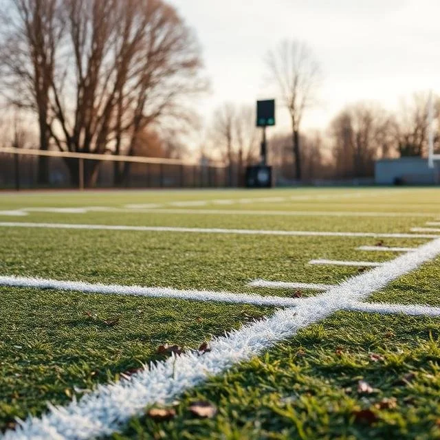Close-up of an NFL football field with white yard lines and green turf, outdoors during daytime with trees and a scoreboard in the background.