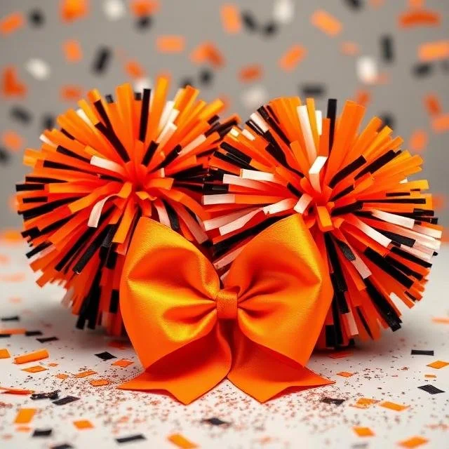 Two pom-poms decorated in orange, black, and white, with an orange satin bow in front, on a surface with orange, black, and white confetti.