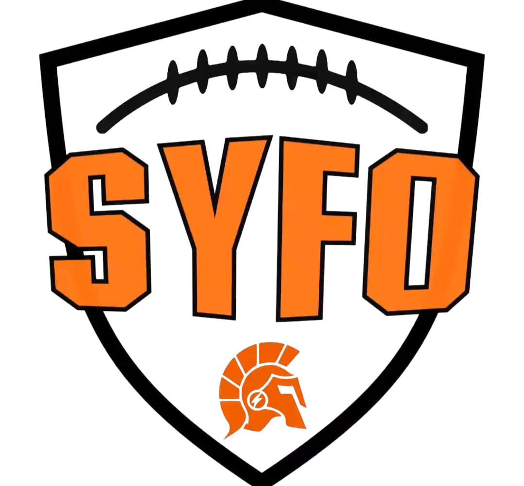 A sports-themed design featuring the word 'SYIFO' in large orange letters, a black comb, and a small orange Trojan helmet logo at the bottom.