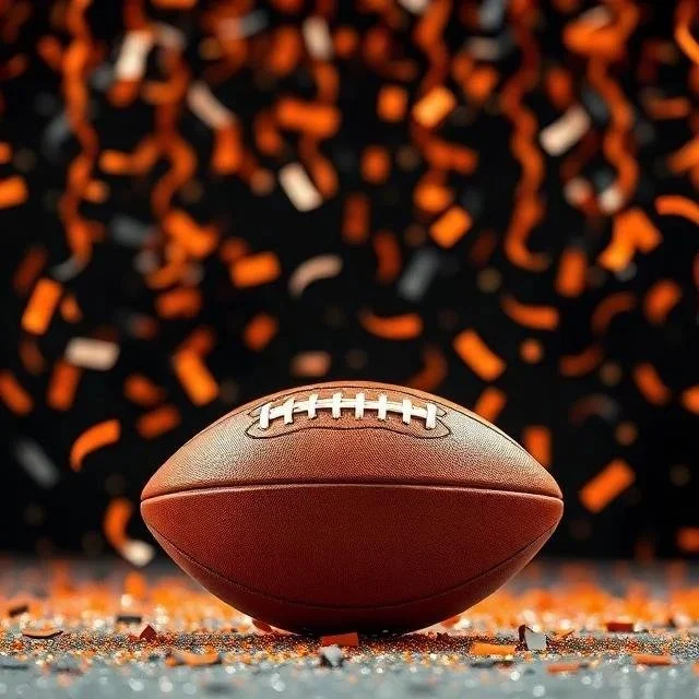 Football on the ground with black and orange confetti scattered around, background out of focus.