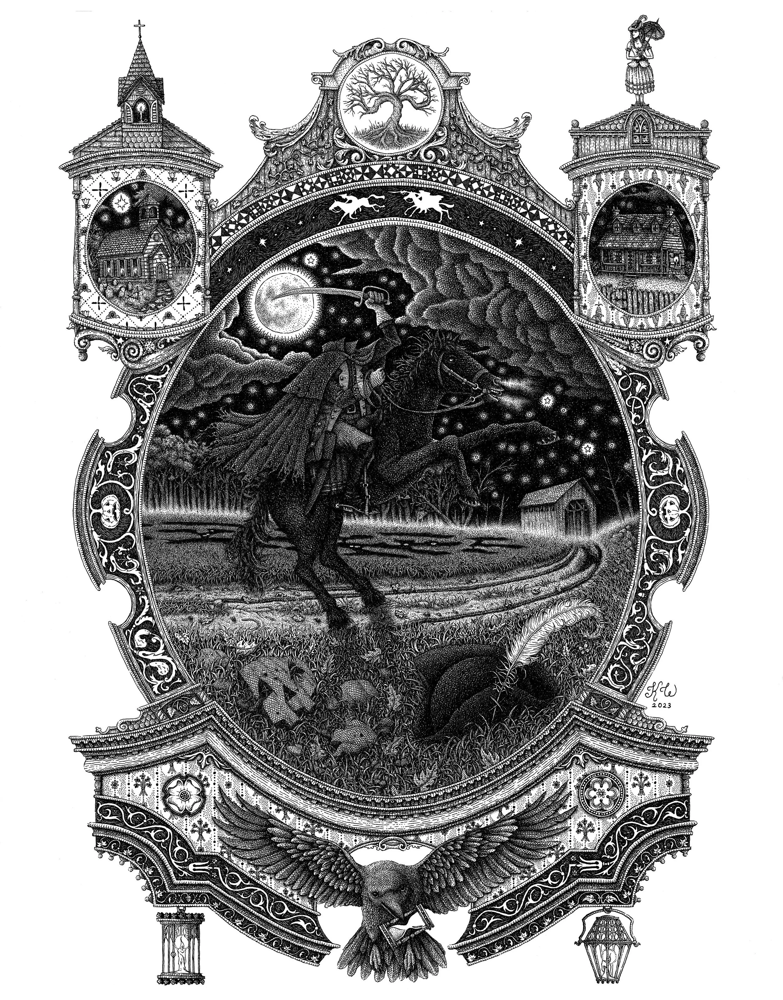 Illustration of the classic American story by Washington Irving, ‘The Legend Of Sleepy Hollow’. Technical pen on 11 x 14 inch vellum paper, 2023.