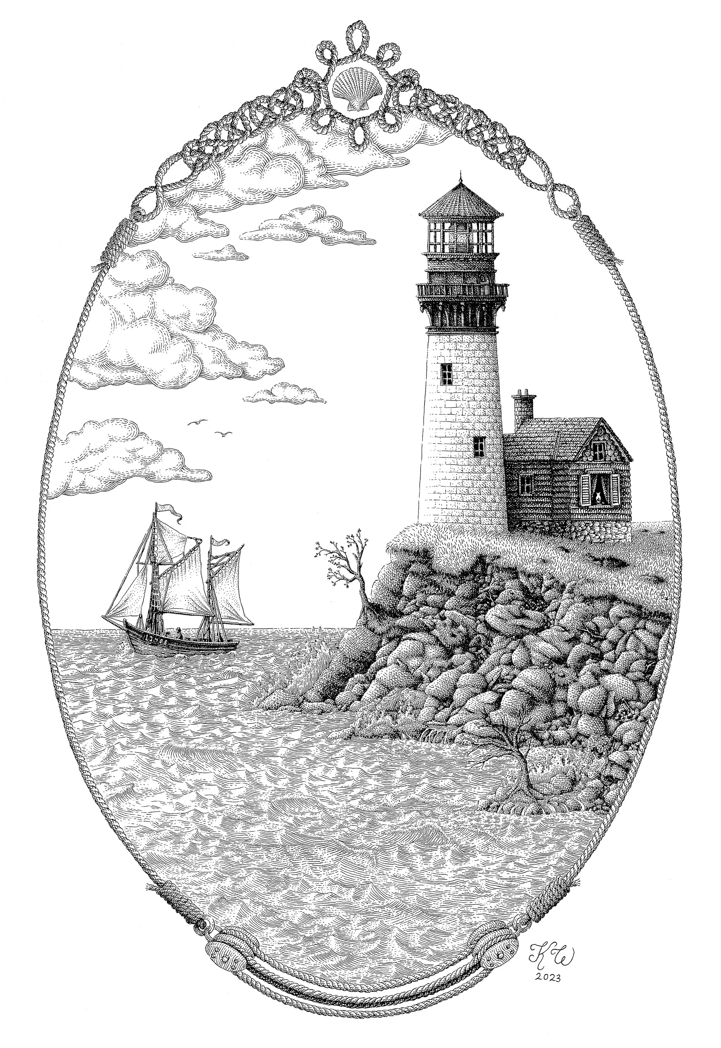 Private commission for a lighthouse inspired by the Nubble Lighthouse. Technical pen on 9 x 12 inch vellum paper, 2023.