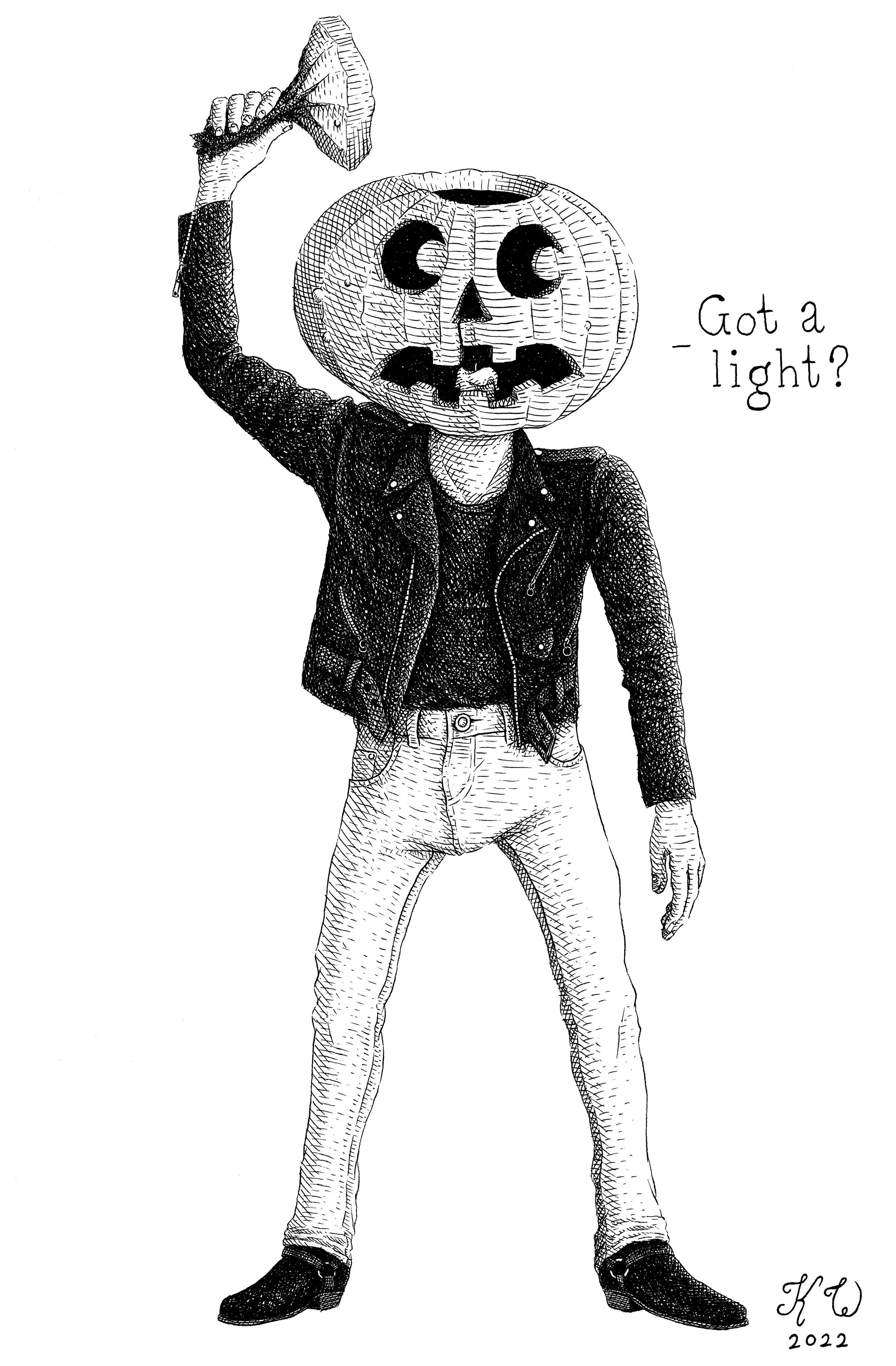 Mr. Jack O' Lantern asking for a light. Technical pen on 11 x 14 inch vellum paper, 2022.