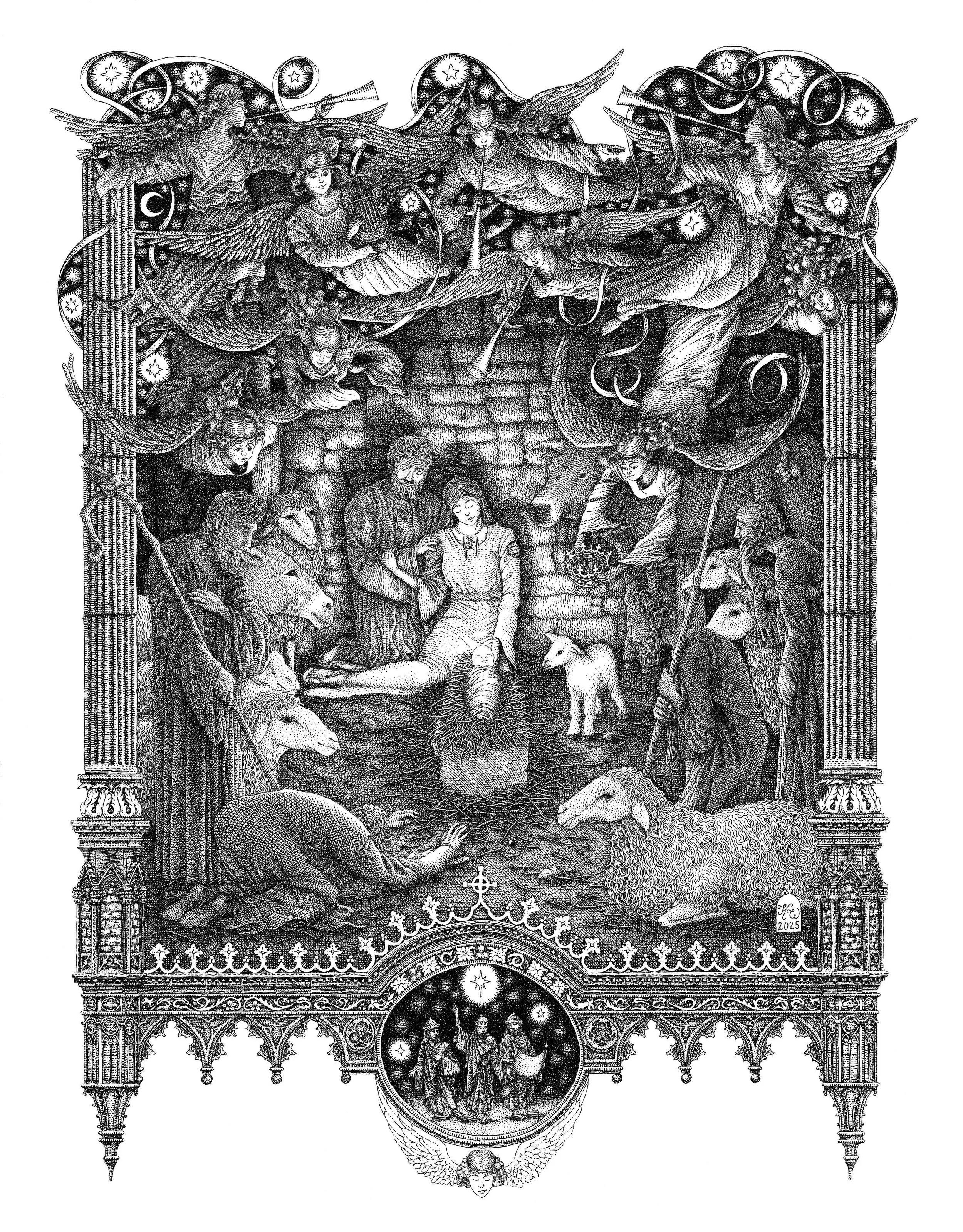 A nativity scene of the birth of Christ. Technical pen on a sheet of 11 x 14 inch vellum paper, 2025.