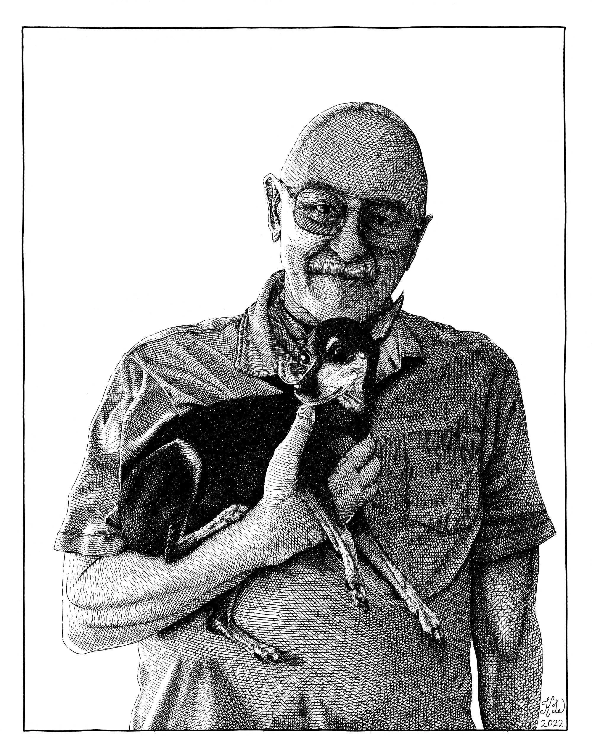 Private commission for client’s brother of a portrait of him and his dog. Technical pen on 11 x 14 inch vellum paper, 2022.