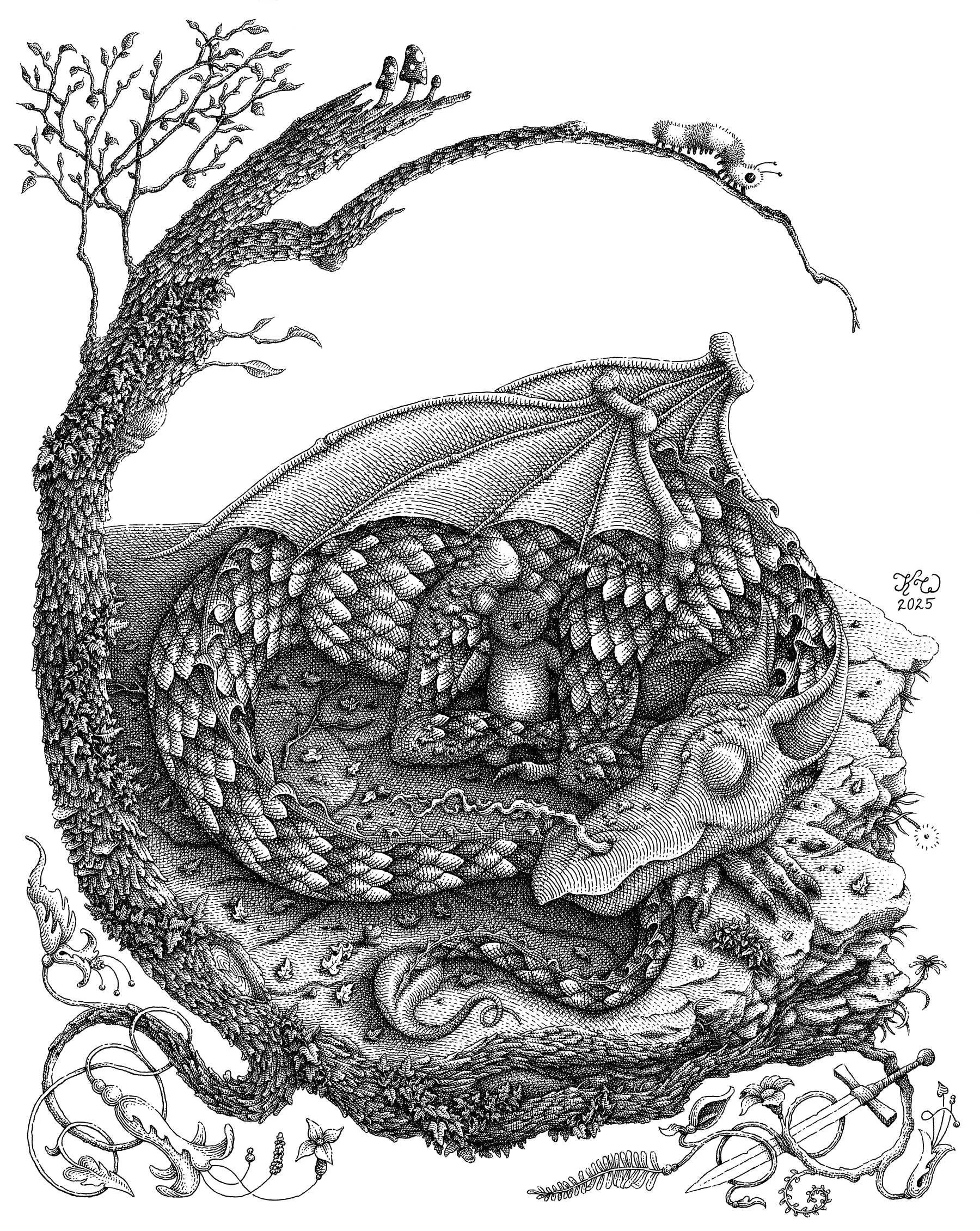 A dragon sleeping with a teddy bear. Technical pen on a sheet of 8 x 10 inch vellum paper, 2025.