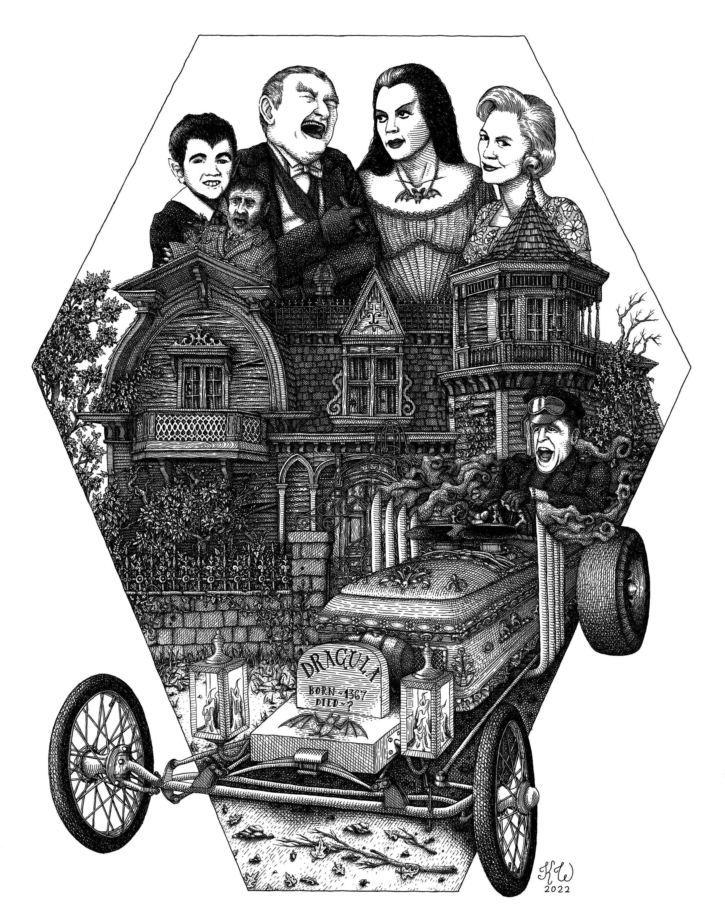 Illustration of the 1960’s television show ‘The Munsters’ in a movie poster format. Technical pen on 11 x 14 inch vellum paper, 2022. I do not own the rights to the show or the characters.