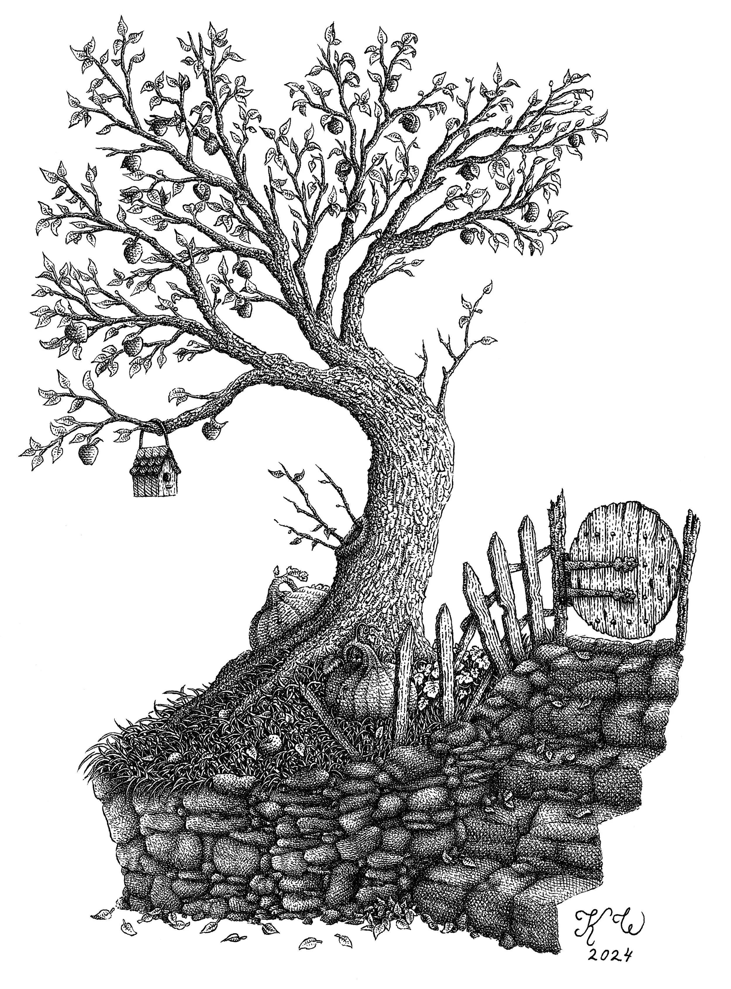 An autumn tree. Technical pen on 5 x 7 inch vellum paper, 2024.
