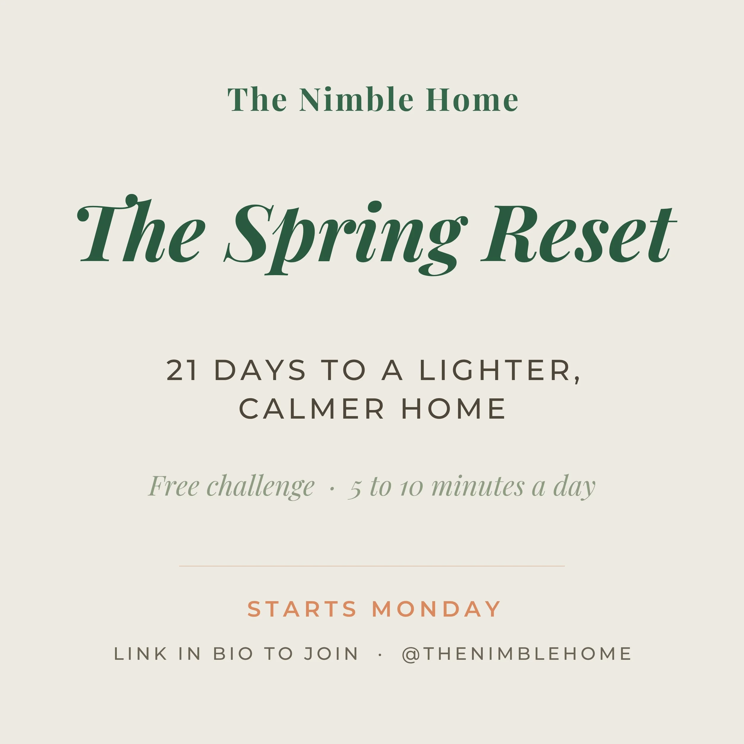 Spring is the season for a lighter home, so I've made you something. 🌿

Introducing the Spring Reset: a free 21 day challenge. One small space a day, just five to ten minutes. No marathon weekends, no overwhelm.

My favourite part? I've made you dai