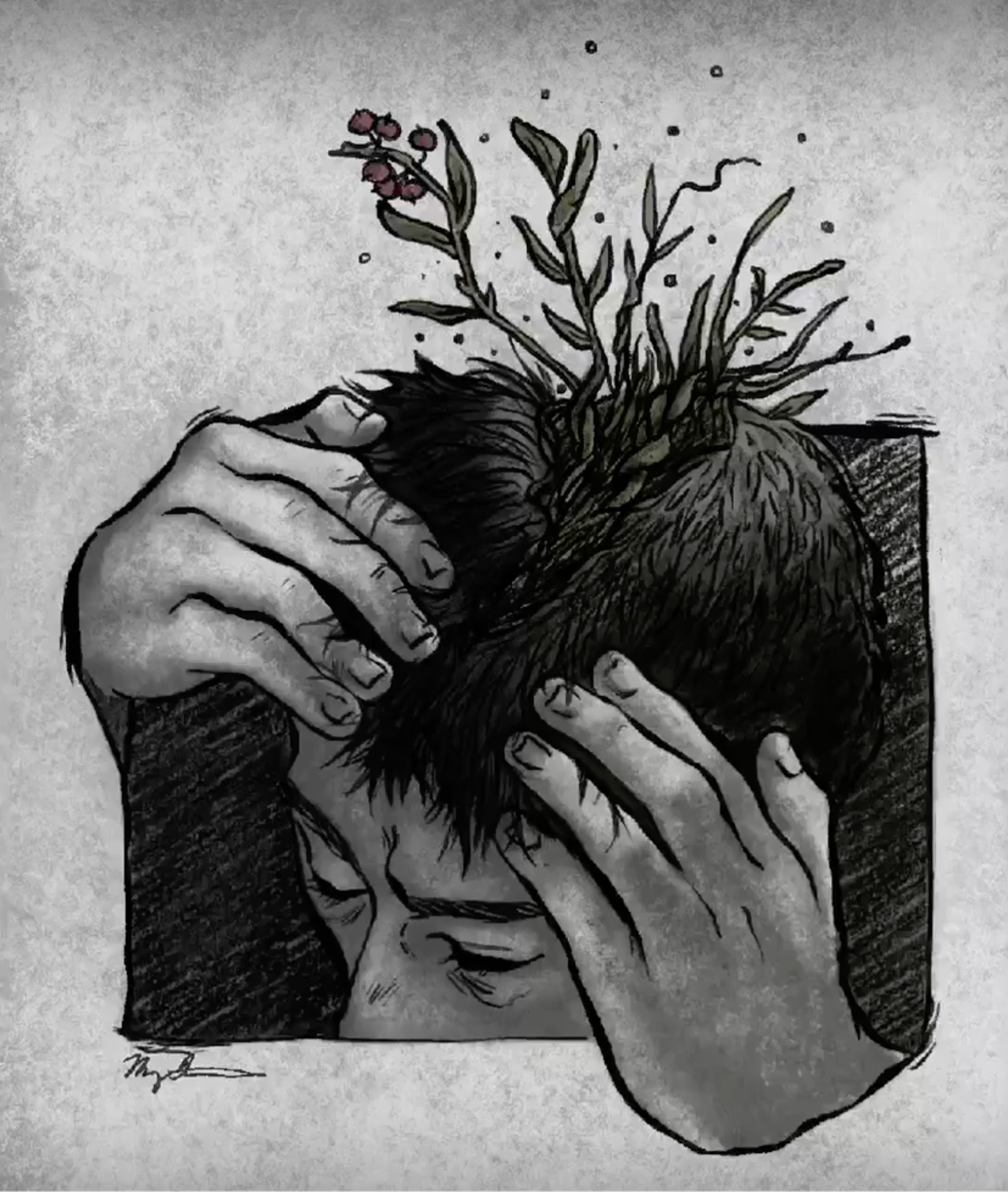 A black and white drawing of hands holding a small plant with long, thin leaves and purple flowers, with soil and a shadow cast on the surface of a person's head and face.