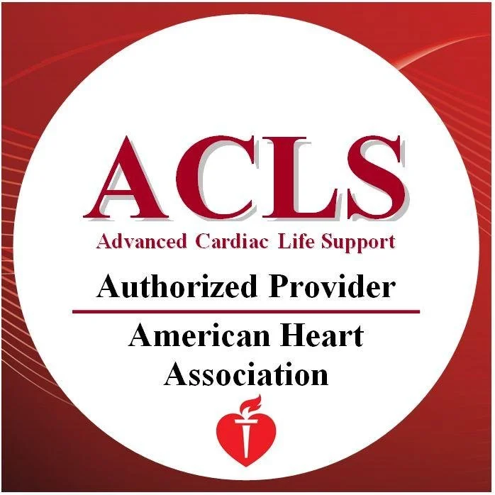 Certification logo for Advanced Cardiac Life Support (ACLS) by the American Heart Association, indicating an authorized provider status.