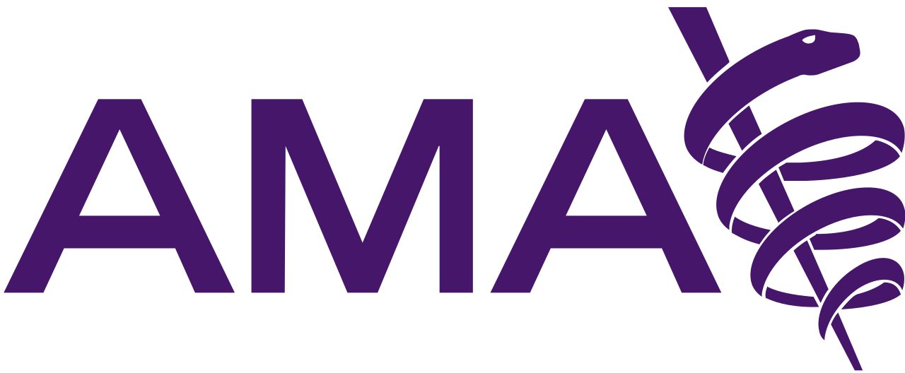 Stylized text 'AMAA' with a purple medical serpent and staff symbol to the right.