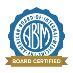 Circular logo with blue and gold colors, featuring the text 'American Board of Internal Medicine' and a gold ribbon that says 'Board Certified'.