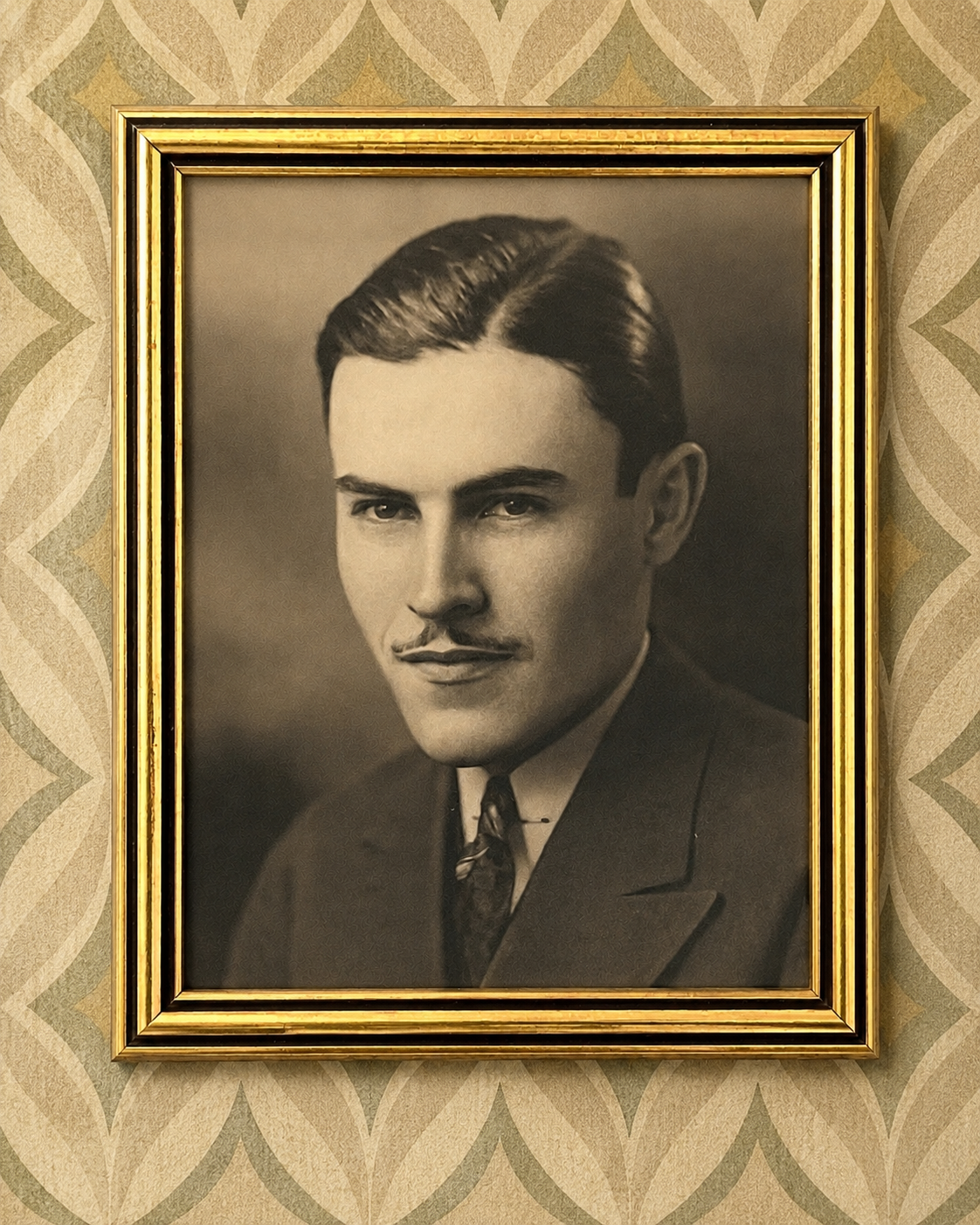 Black and white portrait of a Max with slicked-back hair, wearing a suit and patterned tie, framed and hanging on a decorative wall.