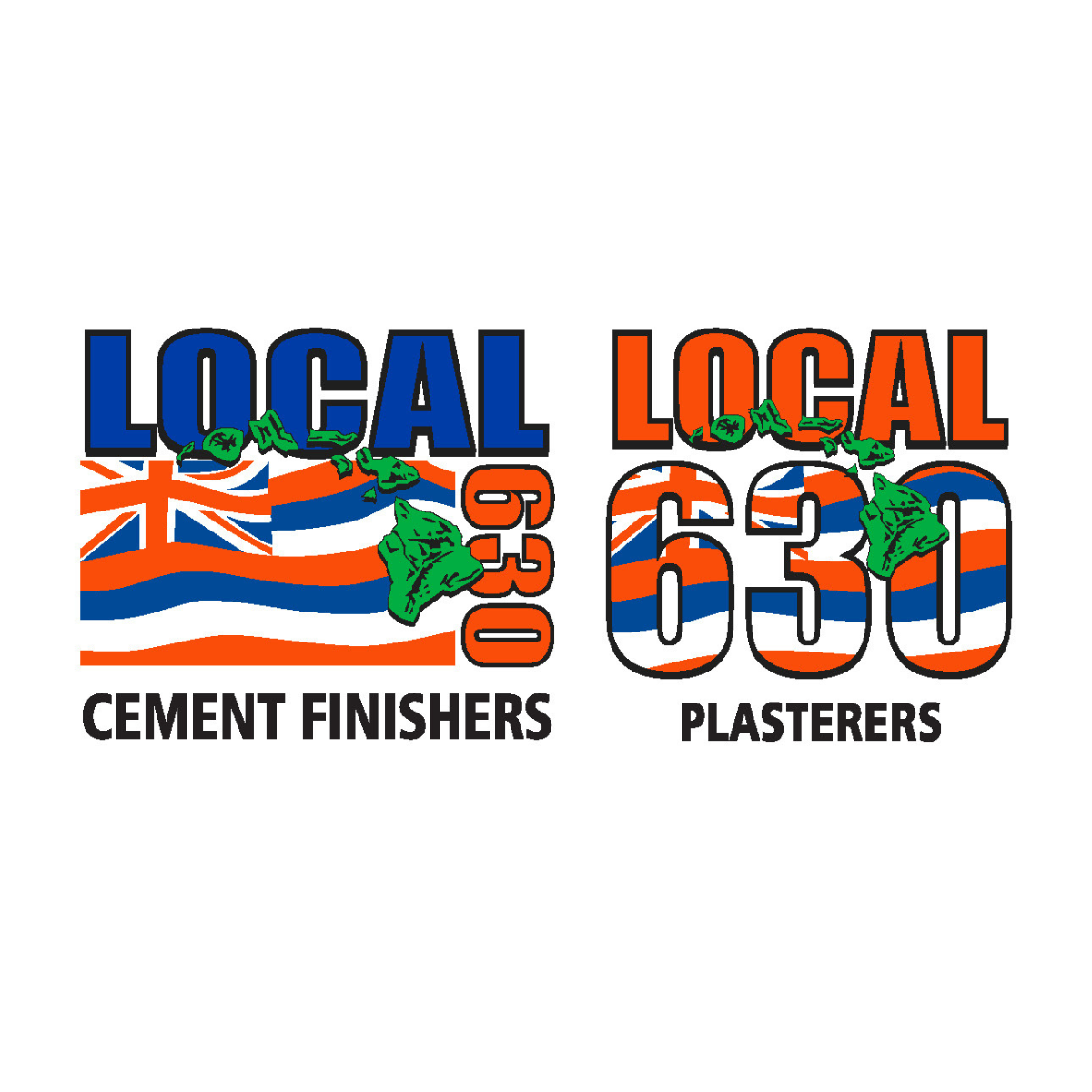 A logo featuring the words 'LOCAL' with 'CEMENT FINISHERS' and 'PLASTERERS'. The left side has a stylized flag with orange, blue, and white colors, and the right side has the number '630' with the same flag pattern inside the numbers. There are green leaves overlaying parts of the text and numbers.