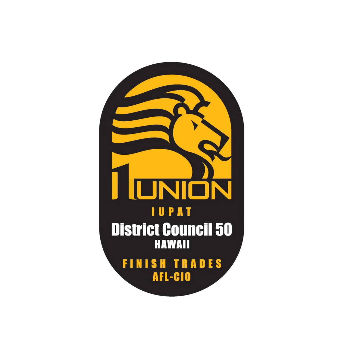 Design for a union vote campaign with a stylized yellow and black lion logo, text indicating '1 Union, I U PAT, District Council 50, Hawaii,' and a call to action to 'Finish Trades AFL-CIO'.