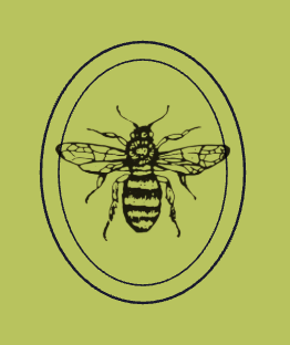 A black line drawing of a bee inside an oval shape against a green background.