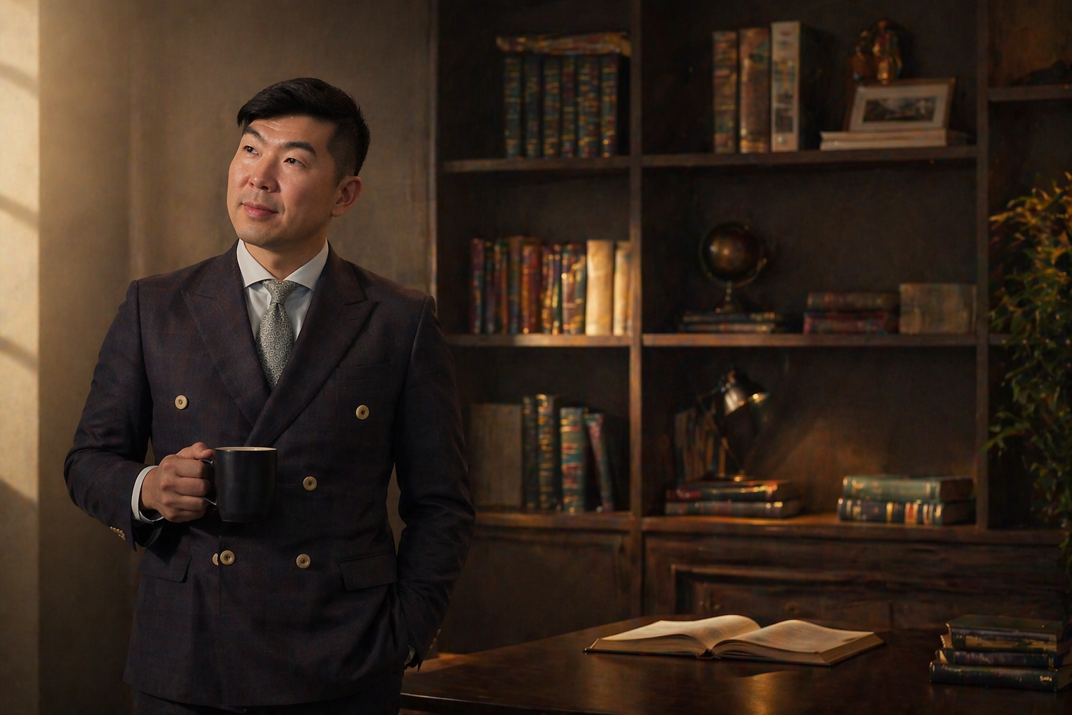 Man in a dark plaid suit holding a black coffee mug, standing in a dimly lit library or study with wooden bookshelves filled with books and decorative items.