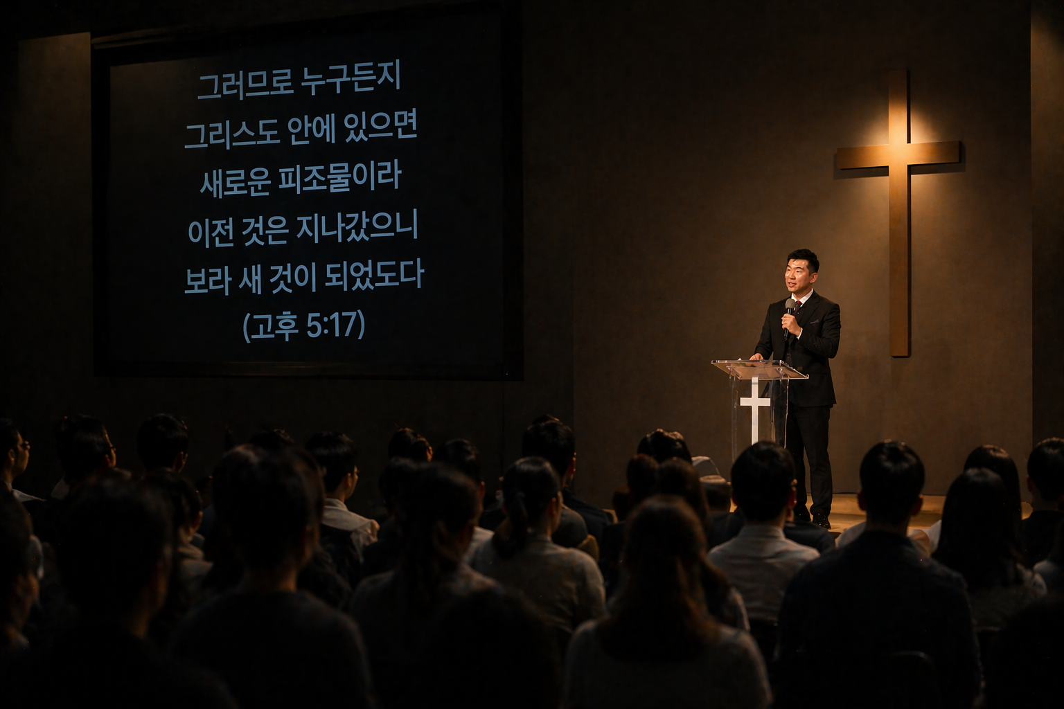A man in a suit and tie speaks at a podium with a microphone in a church. Behind him is a large illuminated cross on the wall. An audience of people sit facing him. A large screen displays text in Korean with a biblical reference.