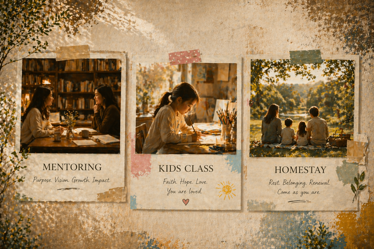 A collage with three photographs and inspirational messages, featuring mentoring, kids' class, and homestay concepts, surrounded by a natural, autumnal background.