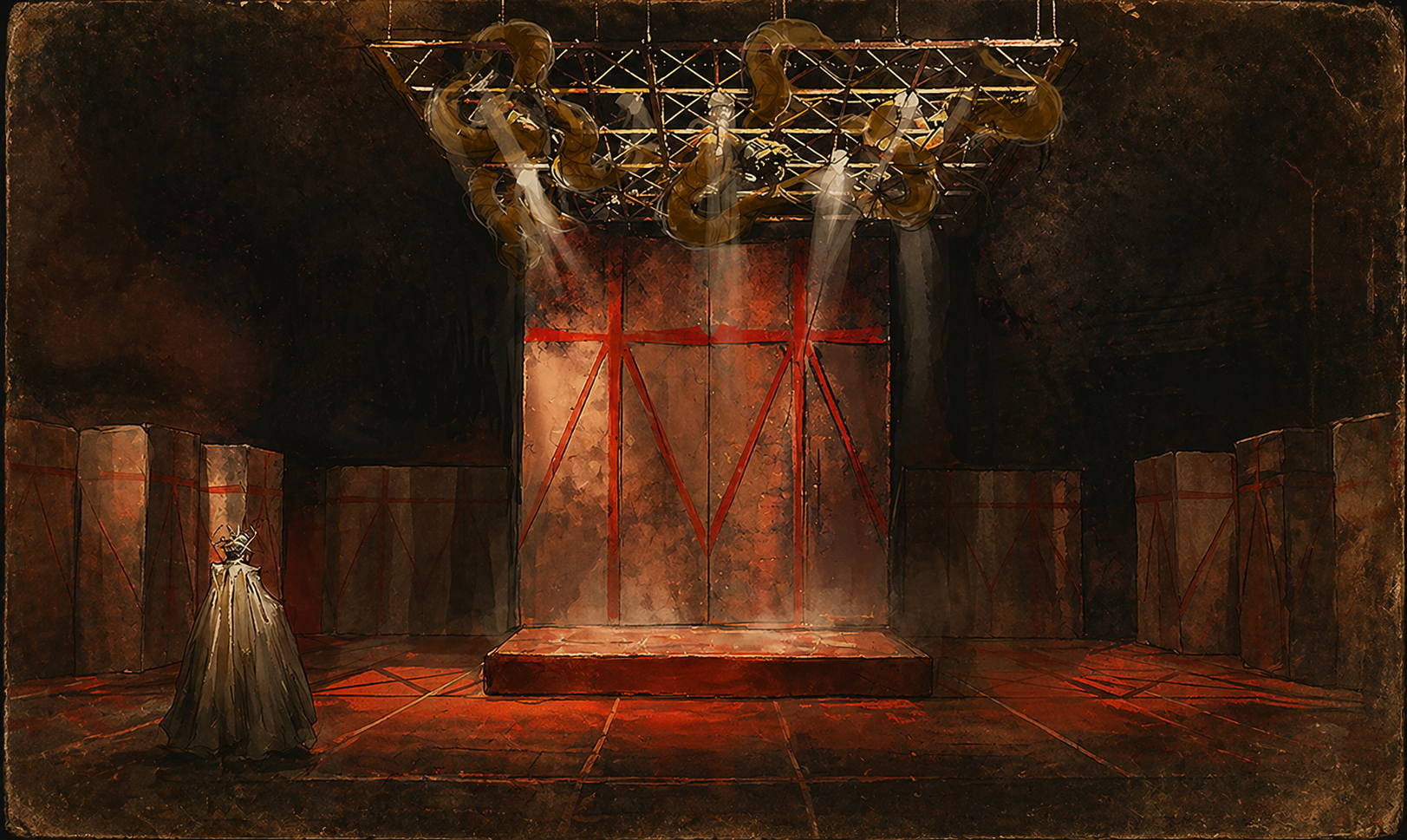 Reconstructed rendering articulating the original scenic concept and spatial dynamics.