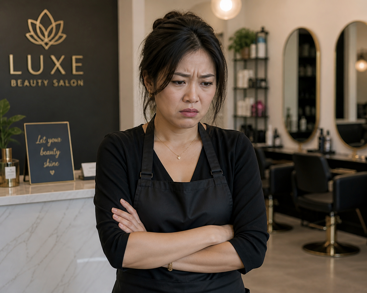 Upset female beauty salon owner with arms crossed.png
