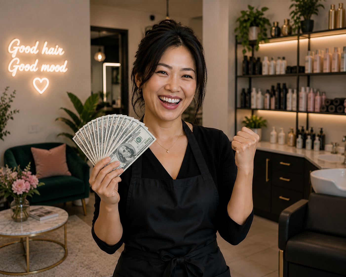 A woman smiling and holding a fan of hundred-dollar bills inside a modern salon or spa with shelves of hair and beauty products, a neon sign reading 'Good hair Good mood,' and a cozy seating area.