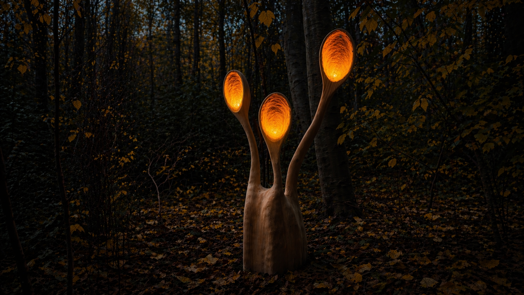 A whimsical wooden sculpture resembling a plant with three elongated bowls that emit warm orange light, set in a dark forest with fallen leaves.