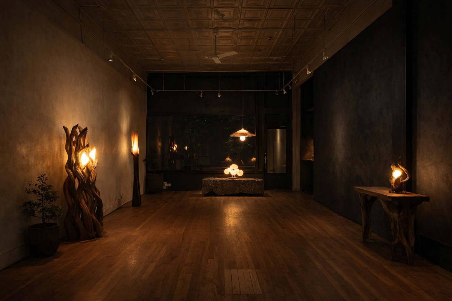 A dimly lit room with wooden flooring, modern decorative lighting fixtures, and a large window at the back. There are sculptures and a small table on the right side, with decorative lamps and a plant on the left side.