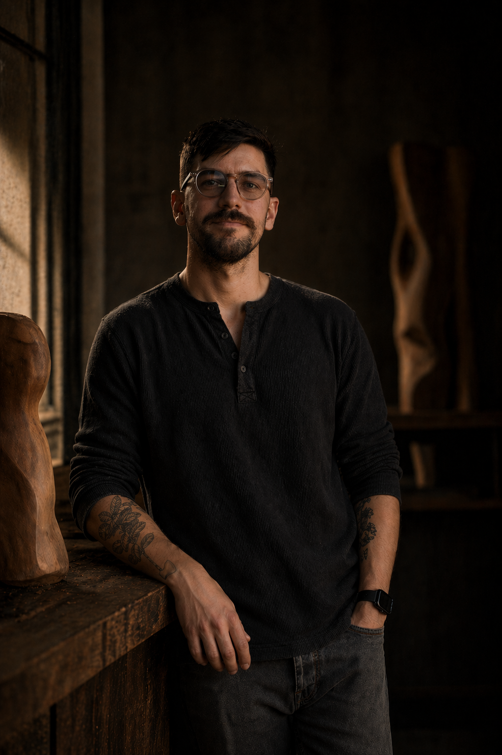 A young man with dark hair, glasses, and tattoos on his arms, wearing a black long-sleeve shirt, leaning against a wooden surface in a dimly lit room with wooden sculptures in the background.