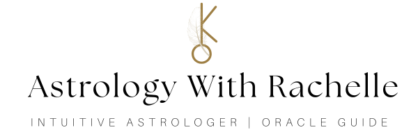 Logo with a gold letter 'K' and a feather, and the text 'Astrology With Rachelle' with subtext 'Intuitive Astrologer | Oracle Guide'.