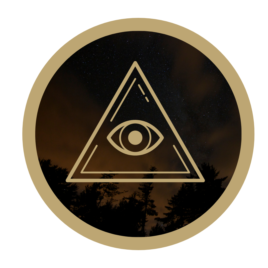 Night sky with stars above tree silhouettes, overlaid with a triangle and eye symbol.