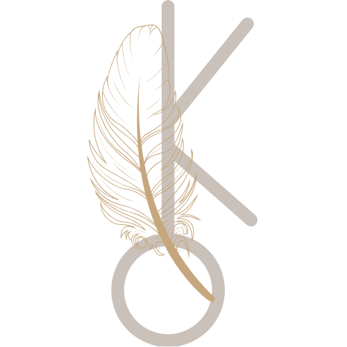 A stylized illustration of a feather attached to the letter K with a circular element at the bottom.
