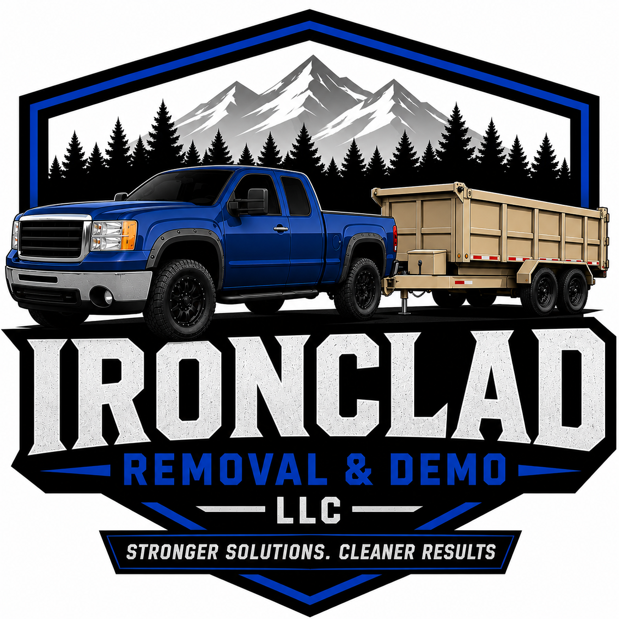 Ironclad Removal & Demo LLC badge logo containing a blue track and large industrial tan trailer. The slogan 'Strong solutions. Cleaner results.' is written at the bottom.