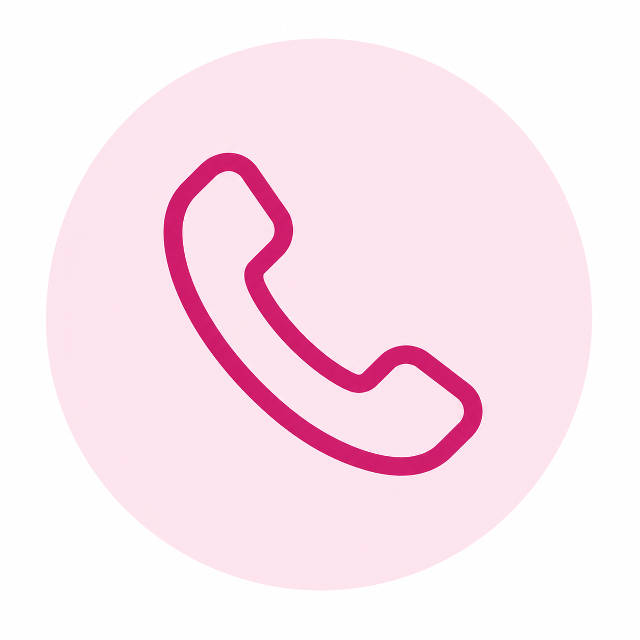 Pink circular icon with a white background featuring a magenta phone receiver symbol.