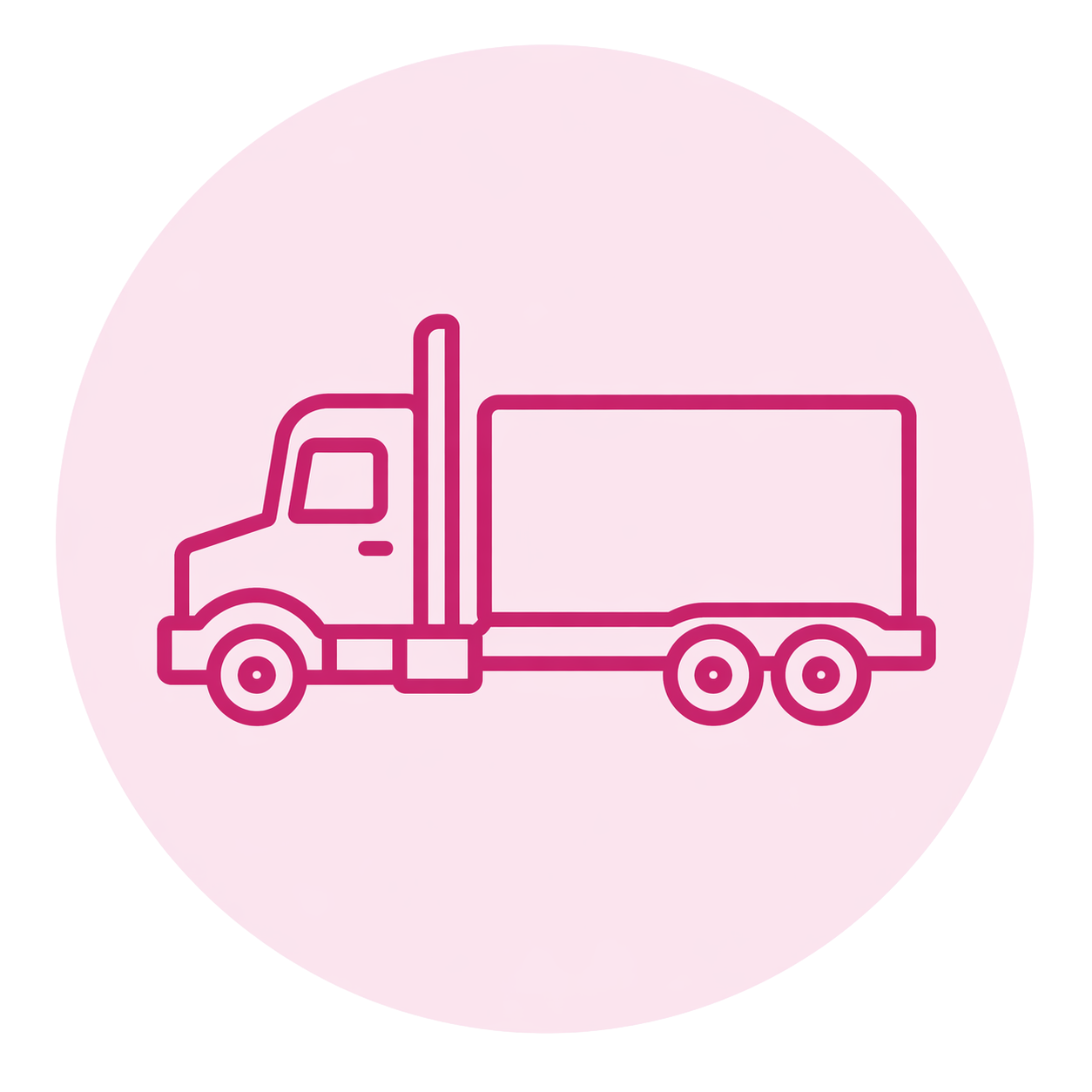 Pink outline drawing of a semi-truck on a light pink circular background.