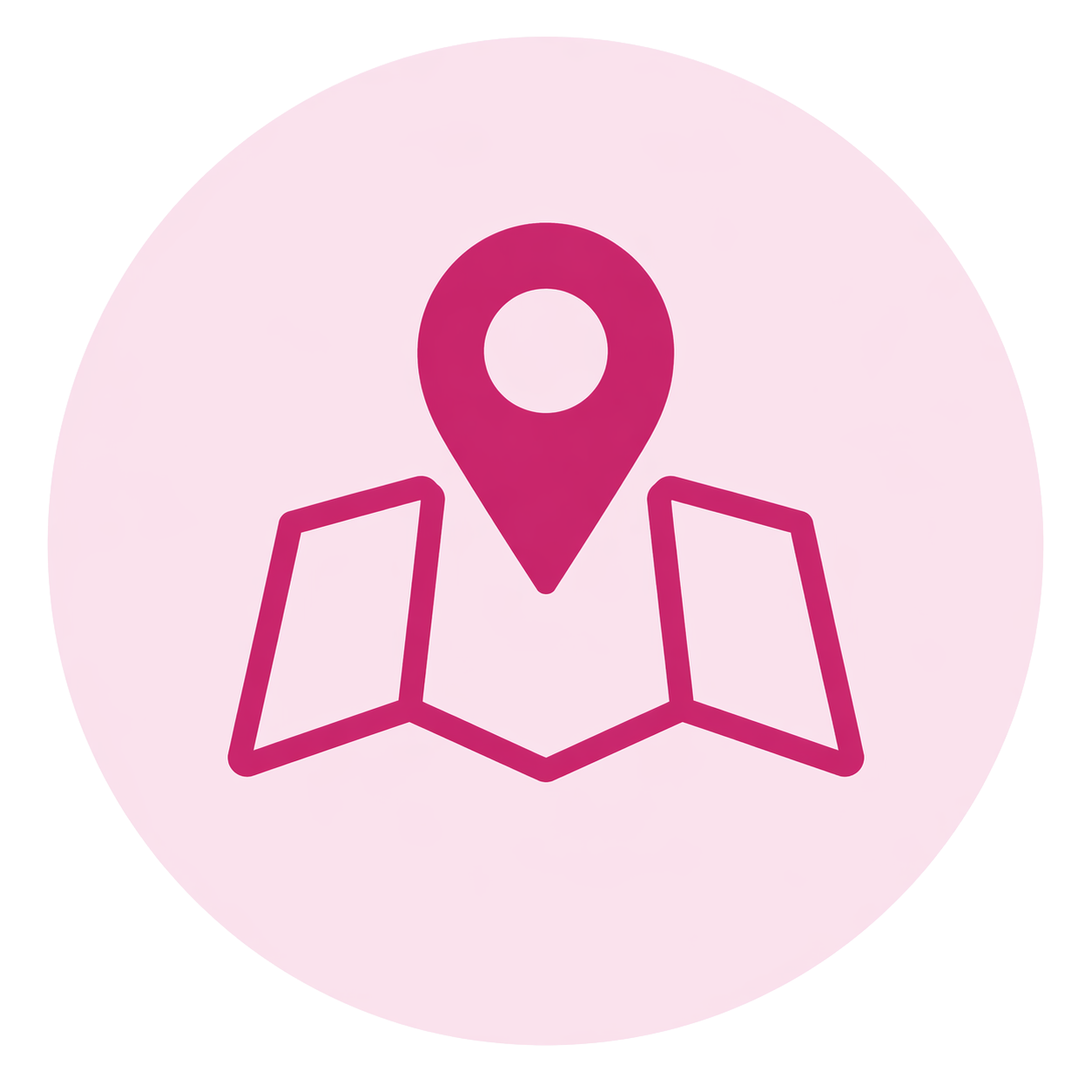 Pink map icon with a location pin at the top, inside a light pink circle.