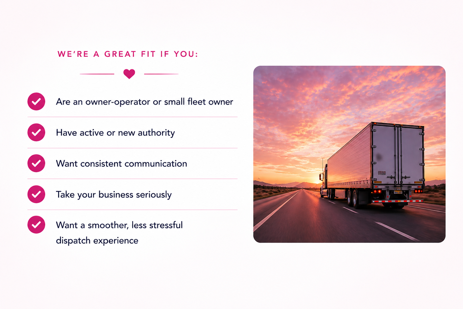 An infographic with a pink and white color scheme features a list of five benefits for trucking business owners, with a background image of a semi-truck on an open road at sunset.