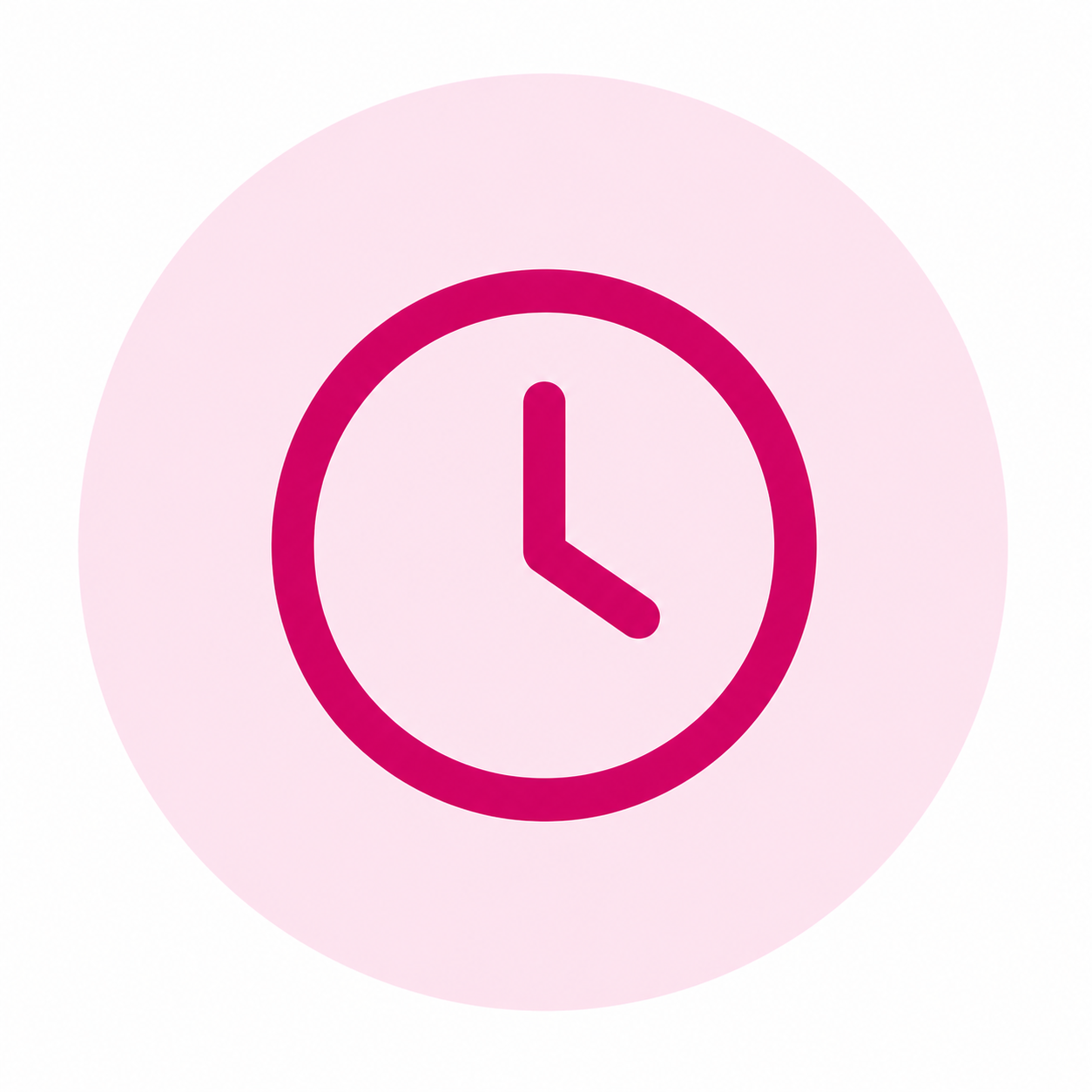A pink clock icon with black hands showing 3:00, surrounded by a pink circular background.