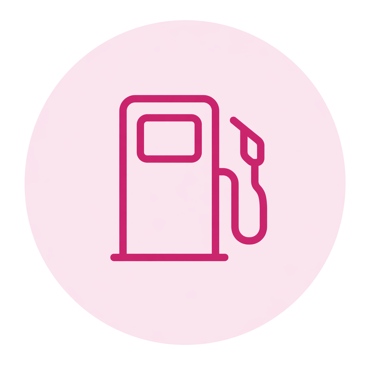 Outline illustration of a gas pump with a hose and nozzle, set against a pink circular background.