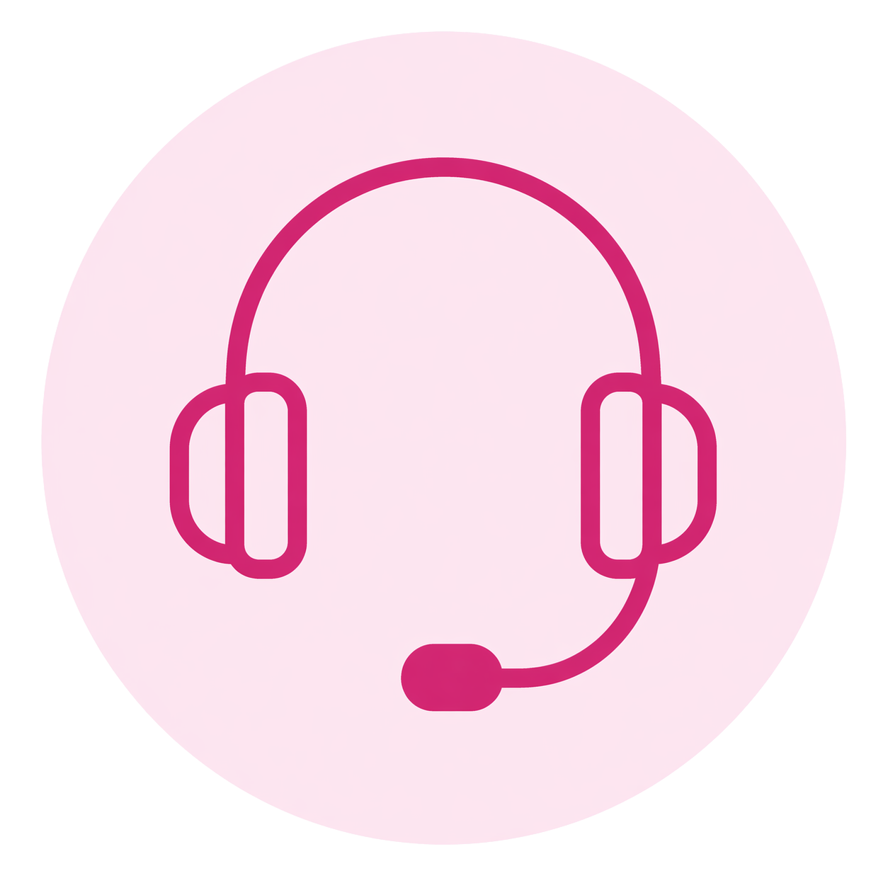 A pink outline of a headset with a microphone on a light pink circular background.