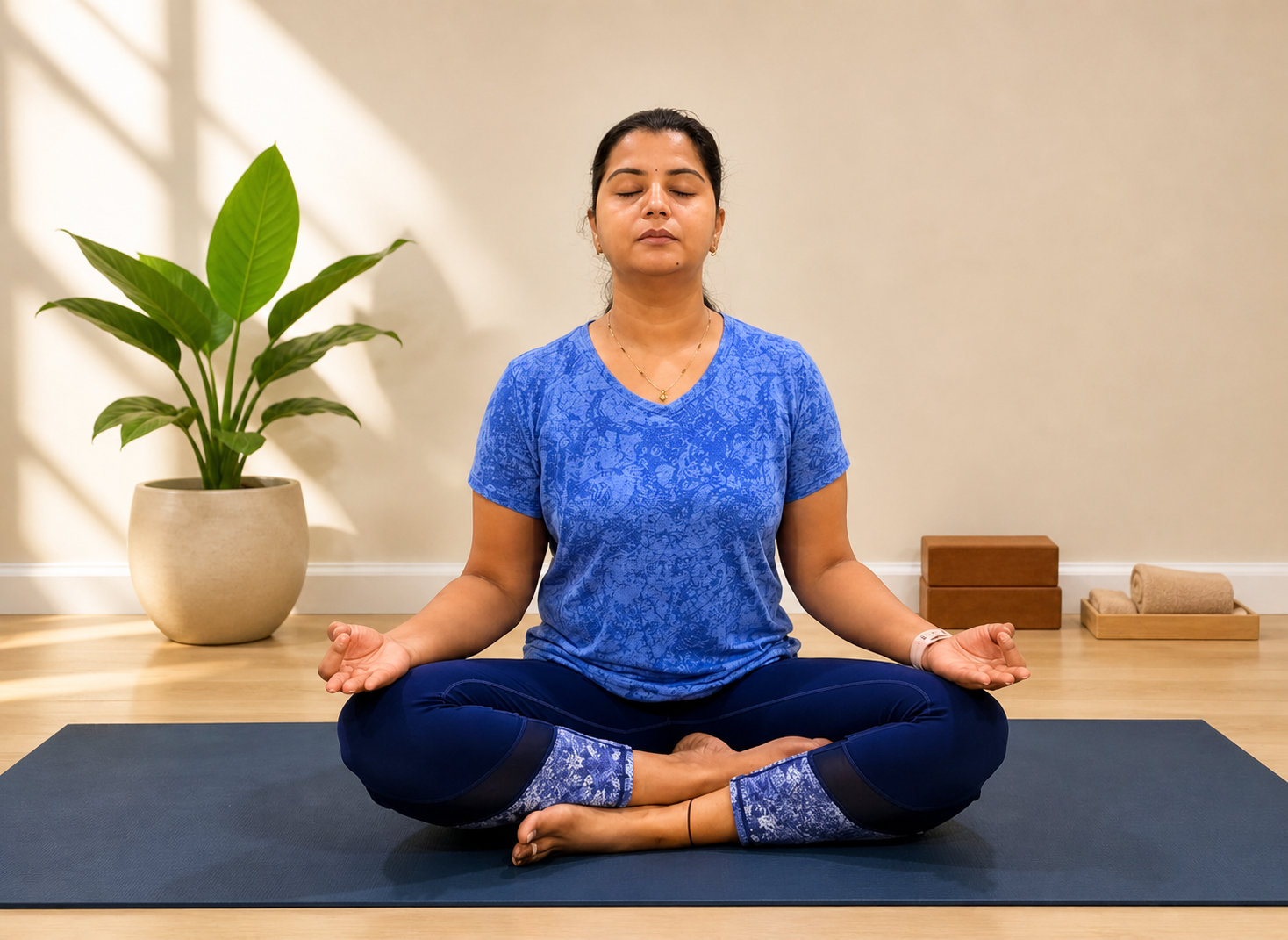 Meditation pose during a calm, guided online yoga session with Slow N Steady Yoga