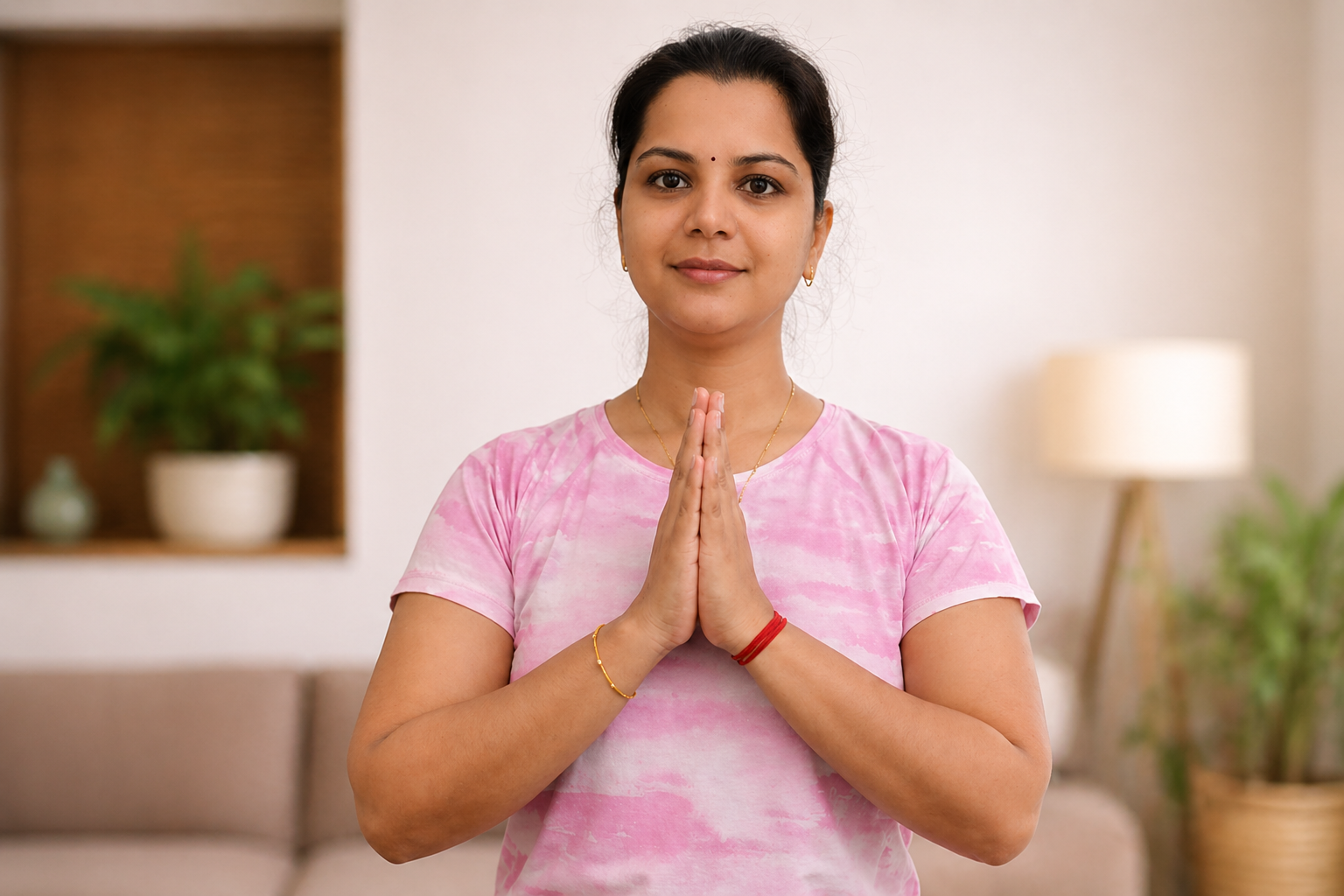 Vandana, instructor at Slow N Steady Yoga, teaching a calm and guided online Hatha yoga class