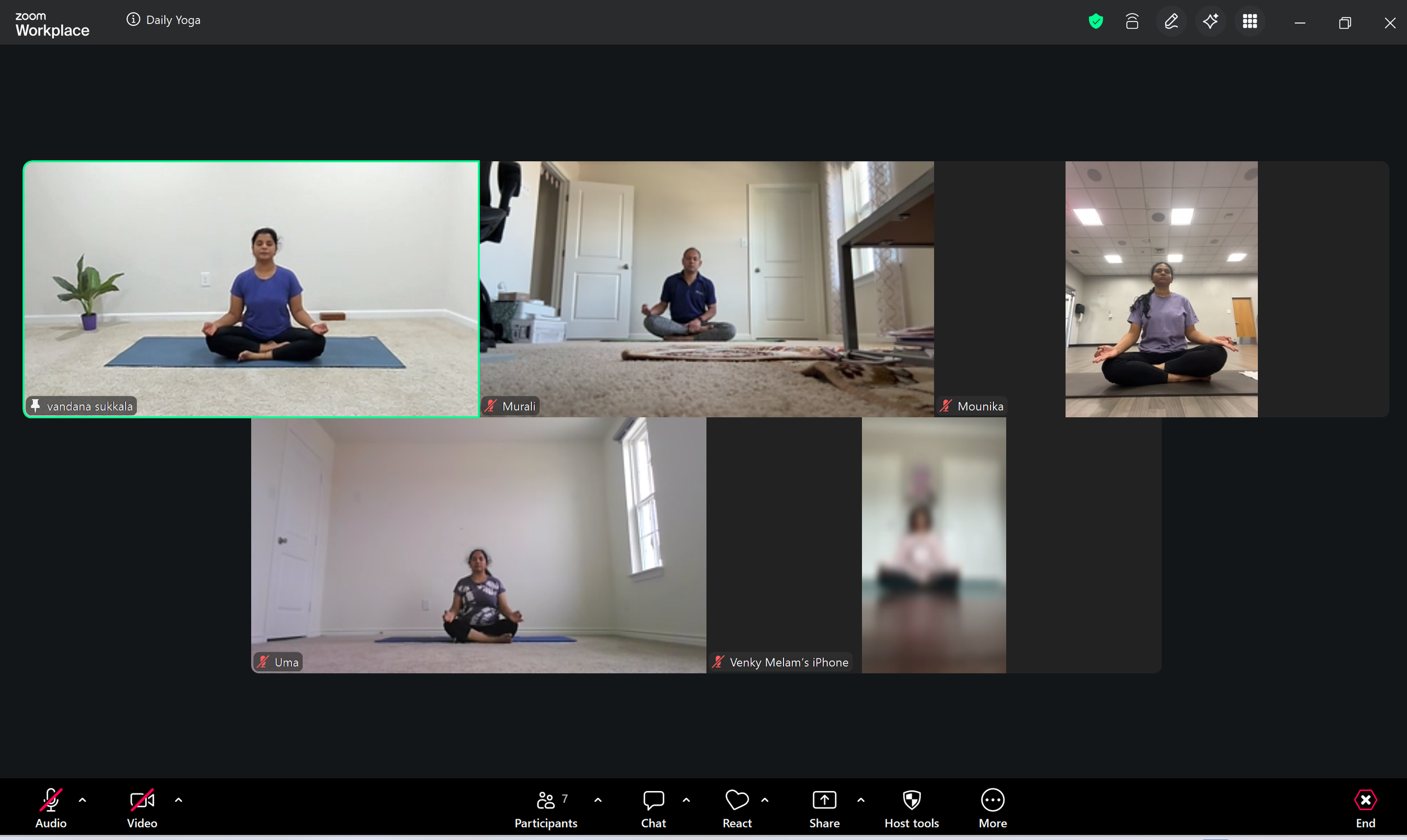 Screenshot of a Zoom virtual yoga class with seven participants in different indoor settings, sitting cross-legged and meditating.