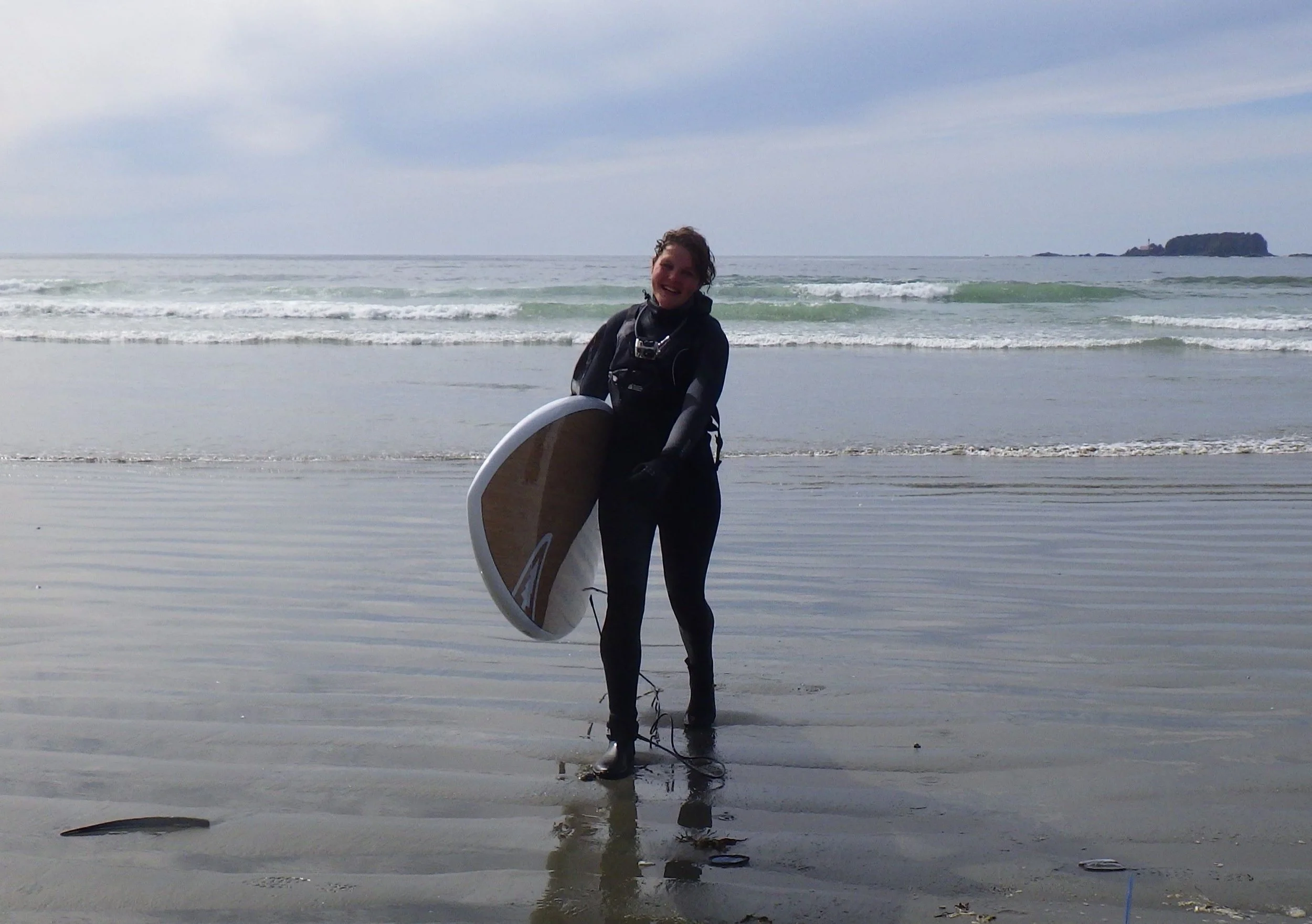 Person standing on wet sand at the beach holding a surfboard, with ocean waves and a distant island in the background.