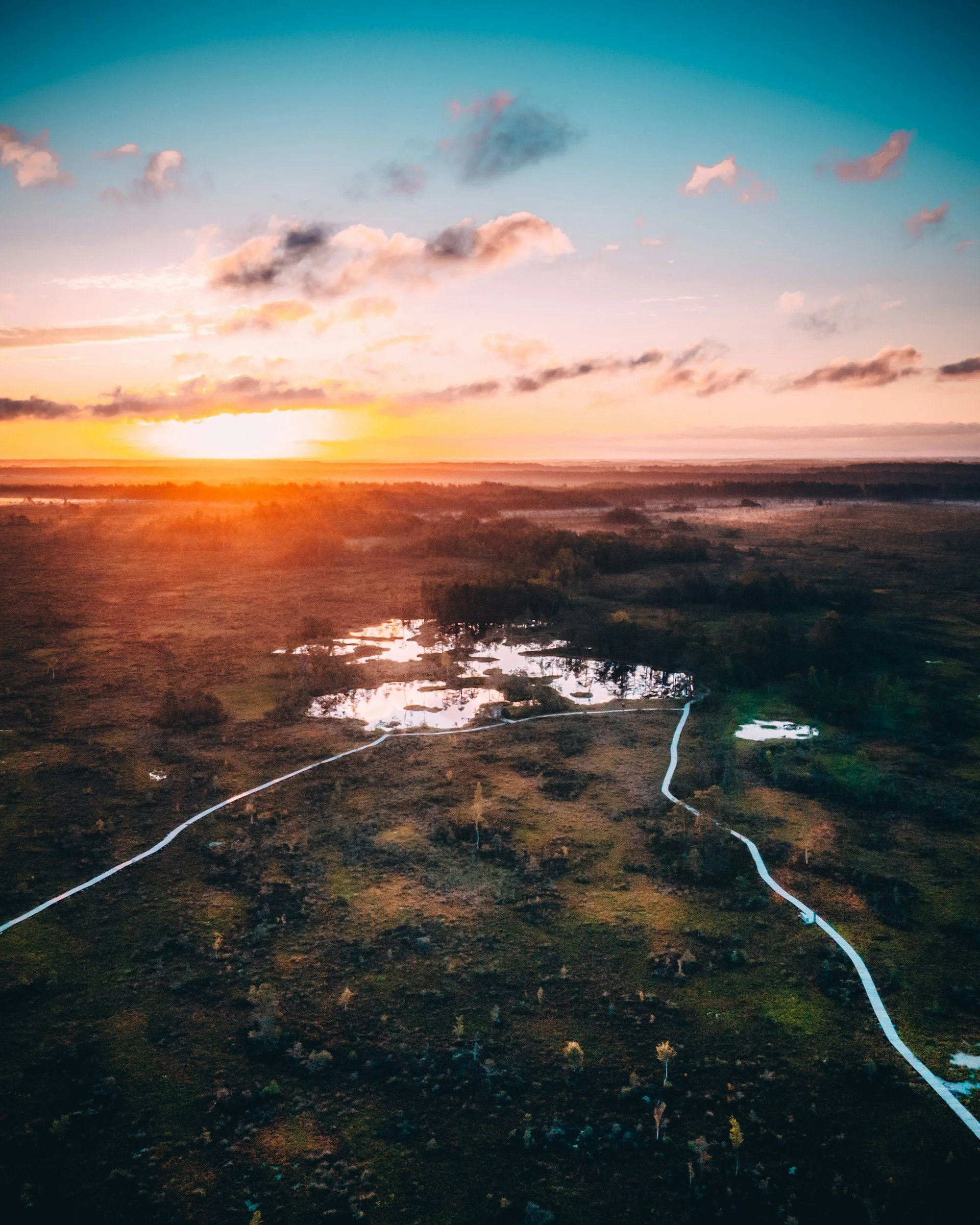 Sunset over a wetland landscape with water pools, grassy islands, and tall trees, under a sky with scattered clouds.