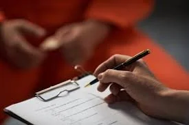 Close-up of a person writing on a clipboard with a pen, with another person's hands in the background.